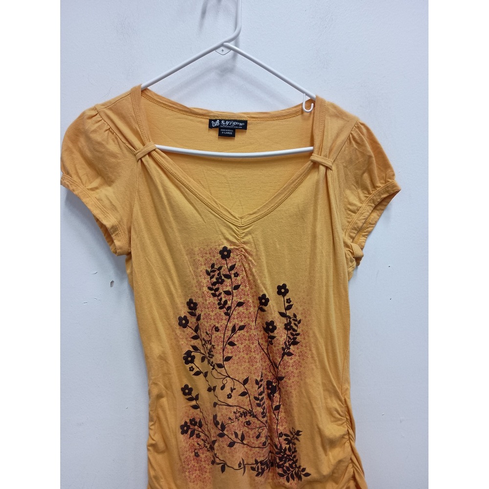 Self Esteem V-Neck Graphic T-Shirt Women XL Mustard Yellow Vintage Y2K Floral - Picture 2 of 11